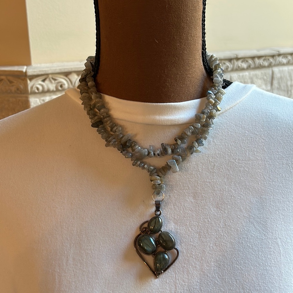 Labradorite Chip Necklace with 4 Cabachon Pendant 925 Sterling 36”